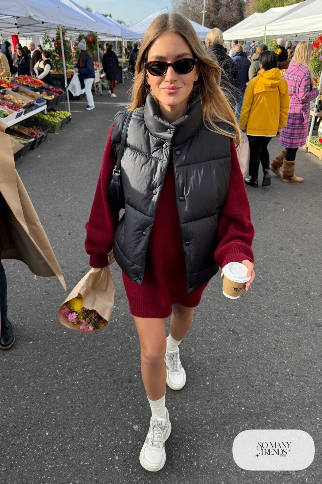 burgundy oversized sweater dress black quilted vest white chunky sneakers cream socks small shoulder bag outfit 9