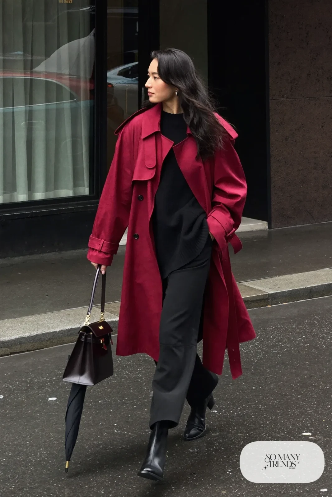 burgundy long trench coat black sweater black wide-leg pants black ankle boots gold-hardware bag outfit 10