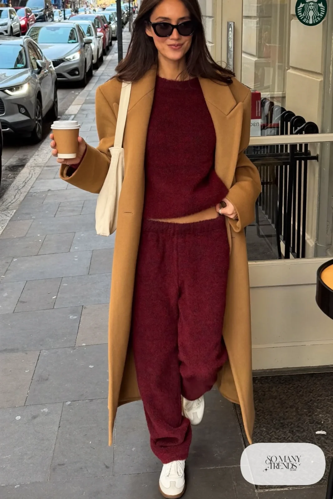 wine matching sweatshirt sweatpants set long camel coat white sneakers canvas tote sunglasses outfit 13