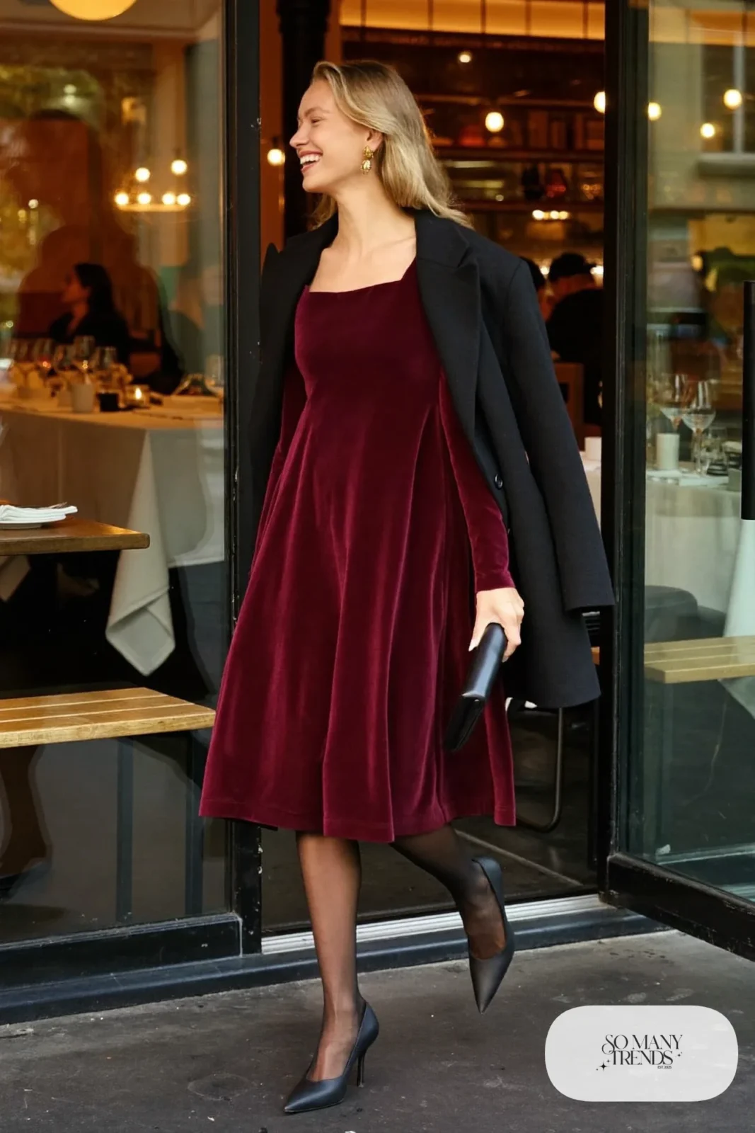 burgundy velvet long-sleeve midi dress black pointed pumps small black clutch gold earrings outfit 14