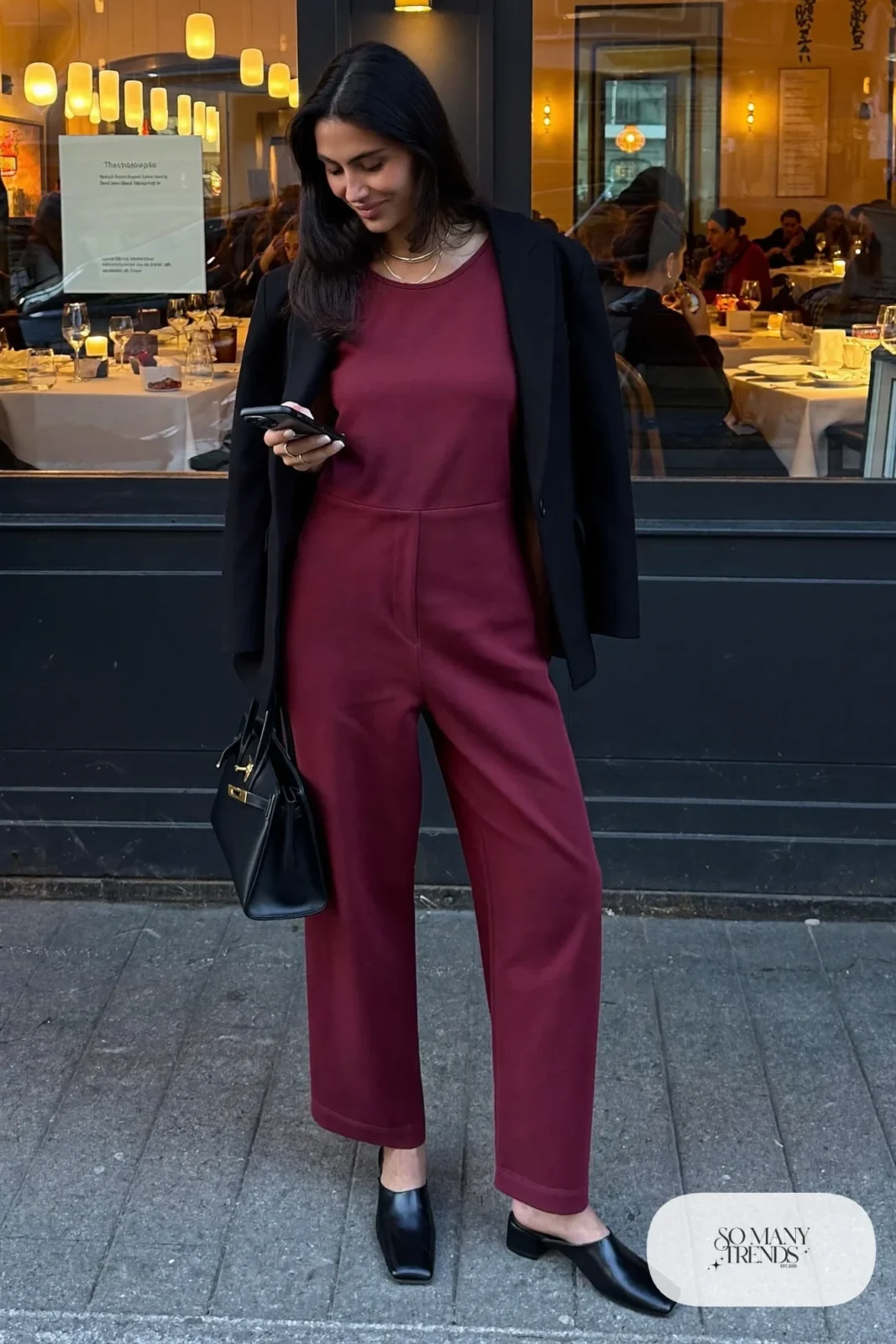 wine wide-leg jumpsuit black oversized blazer closed-toe block-heel mules gold jewelry small bag outfit 15