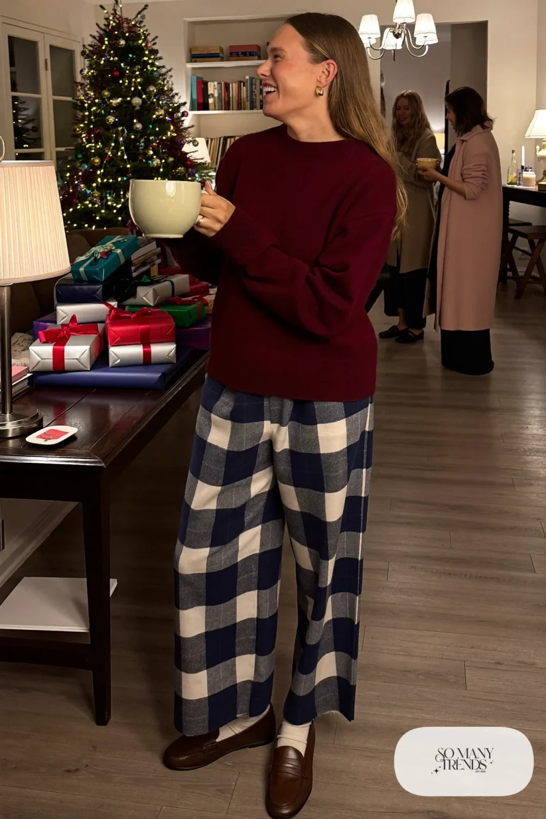 burgundy relaxed crewneck sweater gray plaid wide-leg pants brown loafers gold stud earrings outfit 21