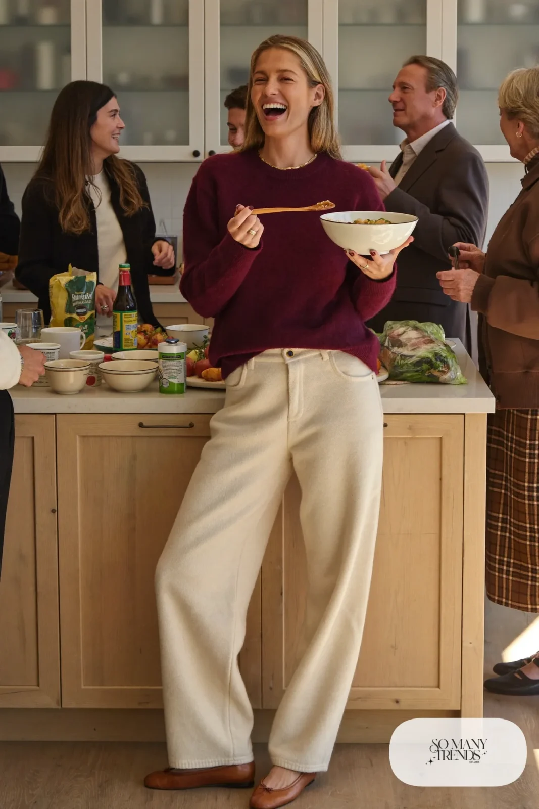 wine relaxed cashmere sweater cream wool wide-leg pants brown leather flats thin gold necklace outfit 23