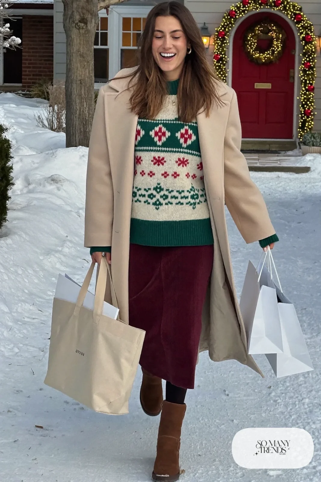 muted Fair Isle sweater burgundy corduroy midi skirt brown suede boots black tights canvas tote outfit 24
