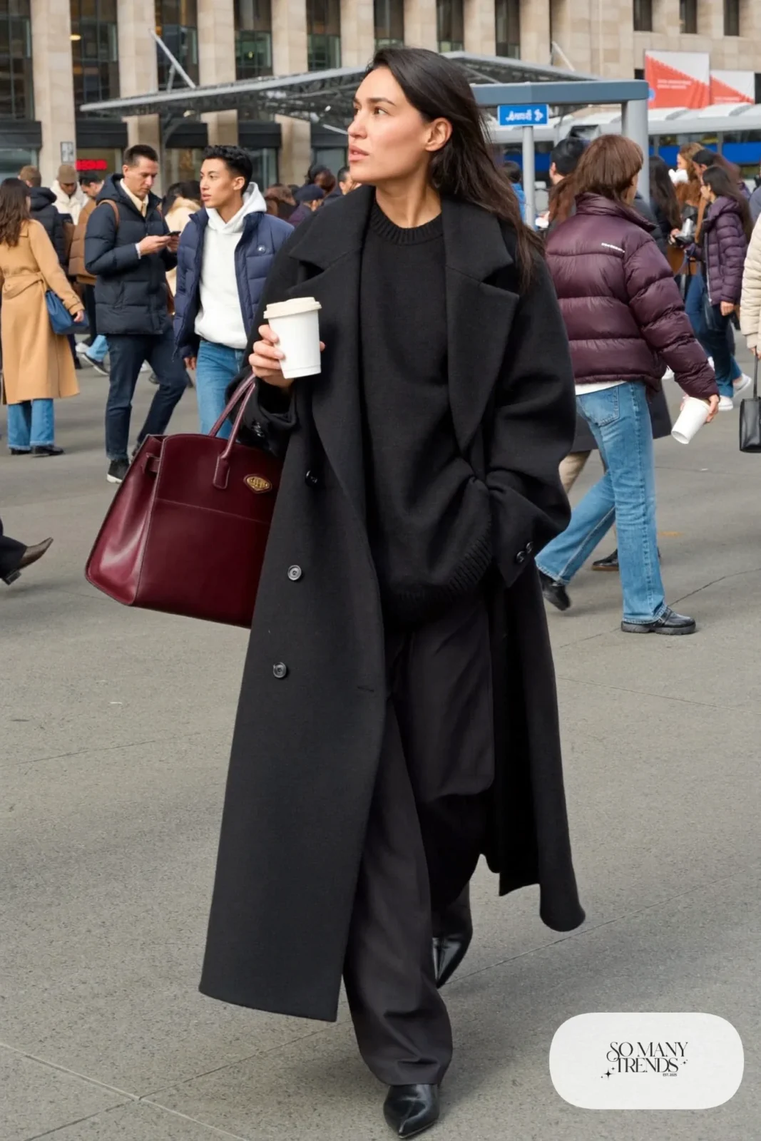 burgundy leather structured tote bag all-black outfit black wool coat black pants black boots outfit 26