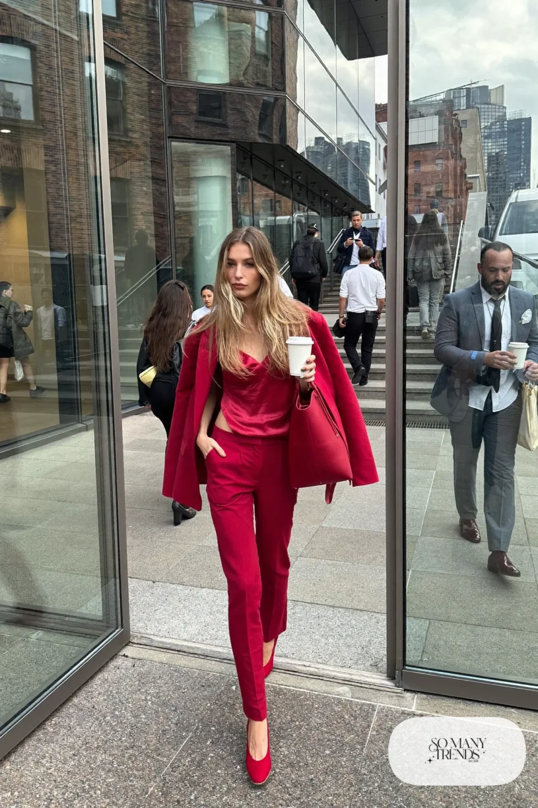 woman in cherry red long blazer, straight pants, silk camisole and pumps outfit 4