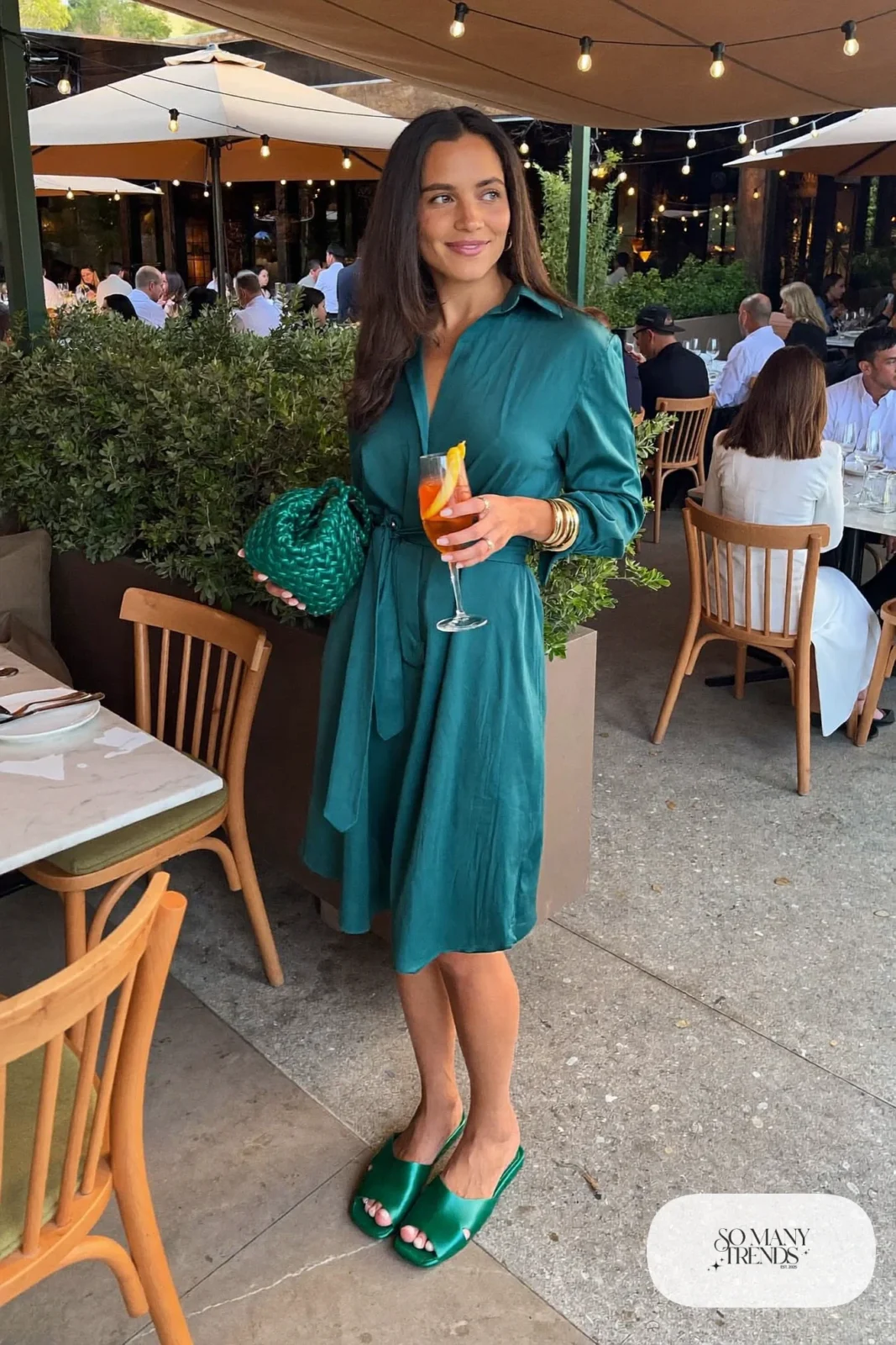 woman in teal satin belted shirt dress and matching sandals outfit 14