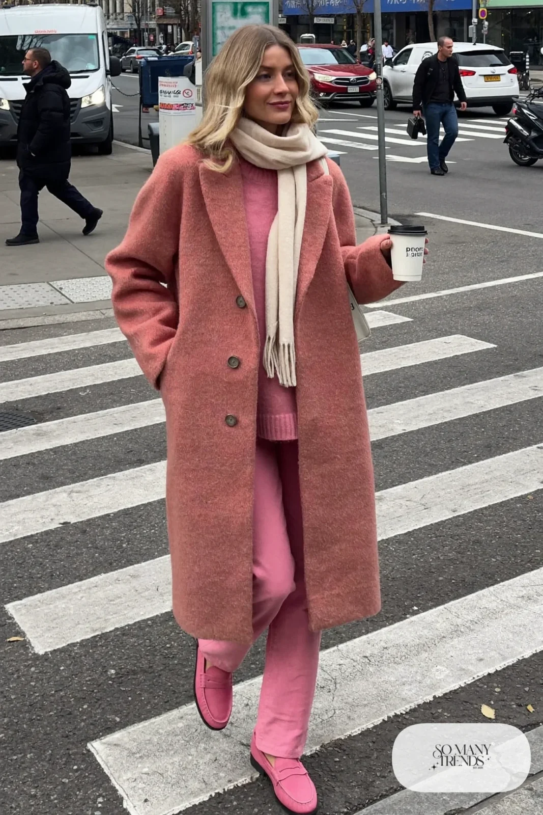 woman in pink oversized wool coat, pink sweater, straight pants and loafers outfit 15