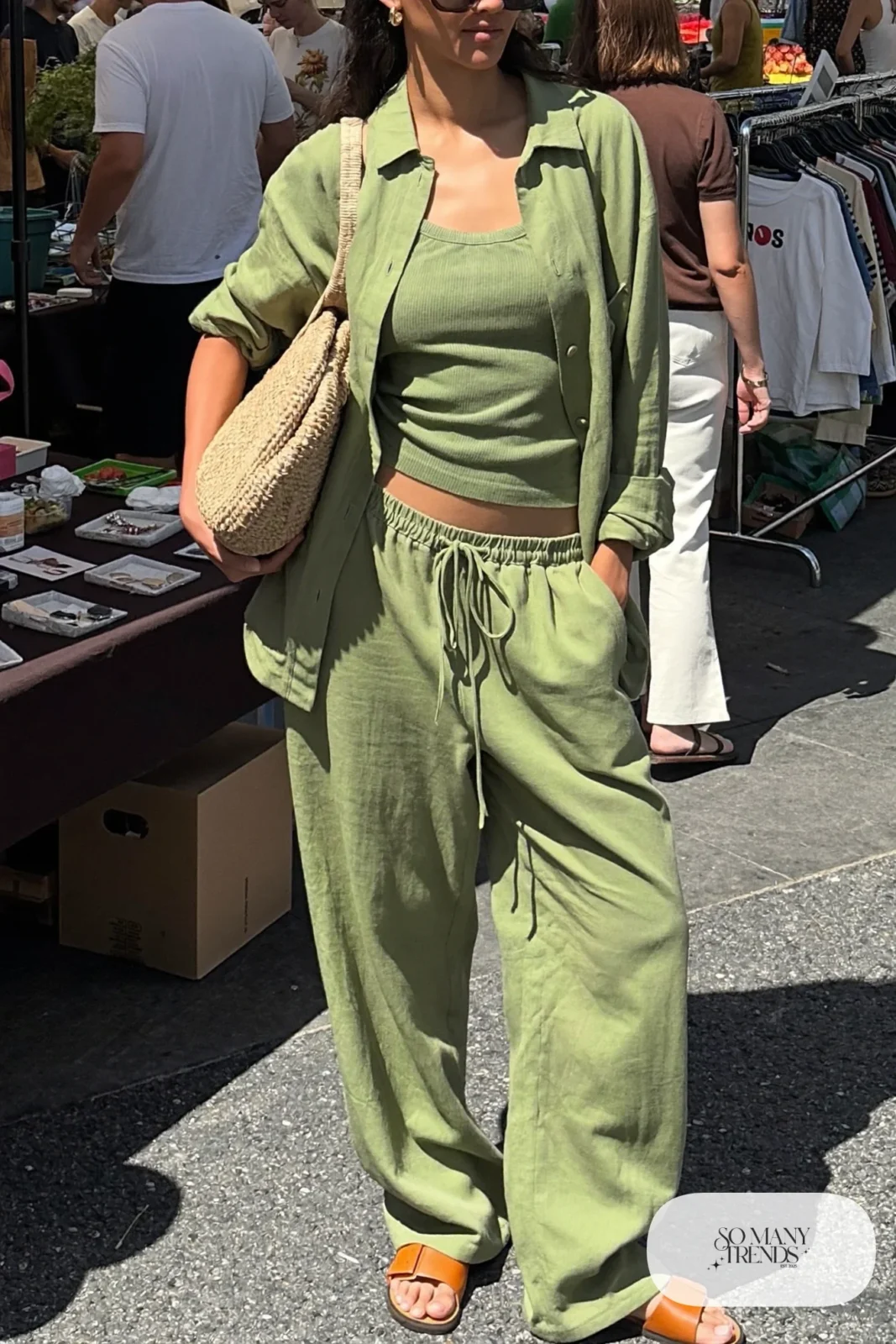 woman in sage green linen shirt, drawstring pants, tank and sandals outfit 20
