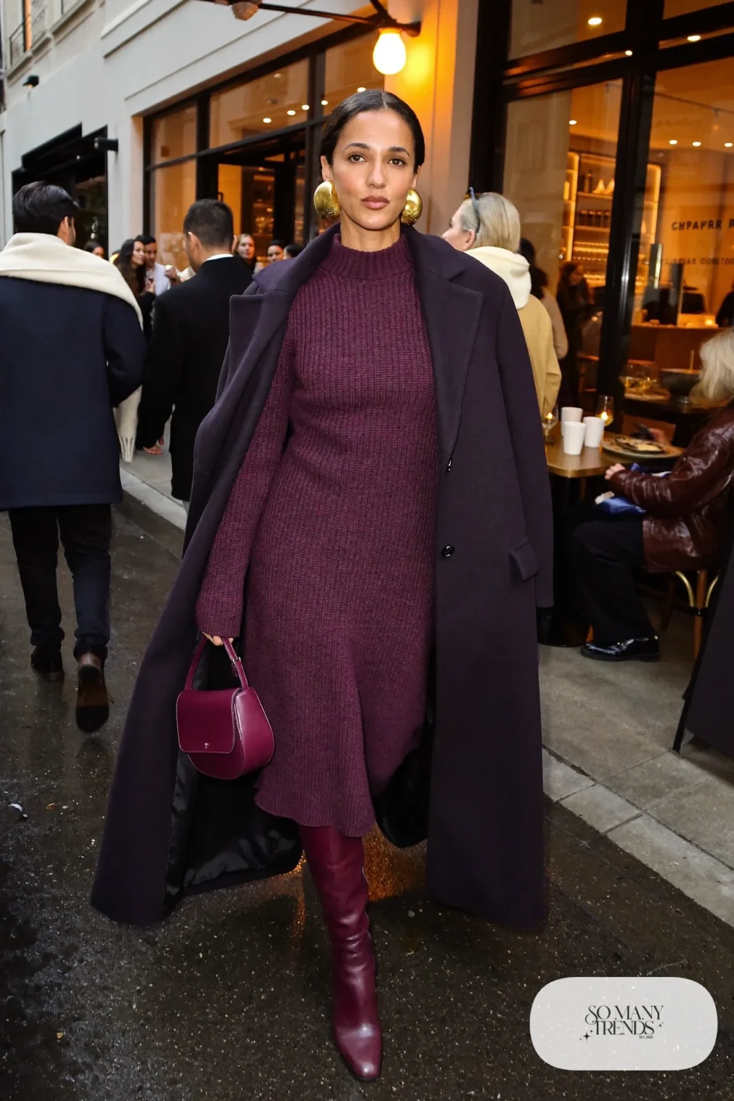 woman in berry knit midi dress and tall boots outfit 28