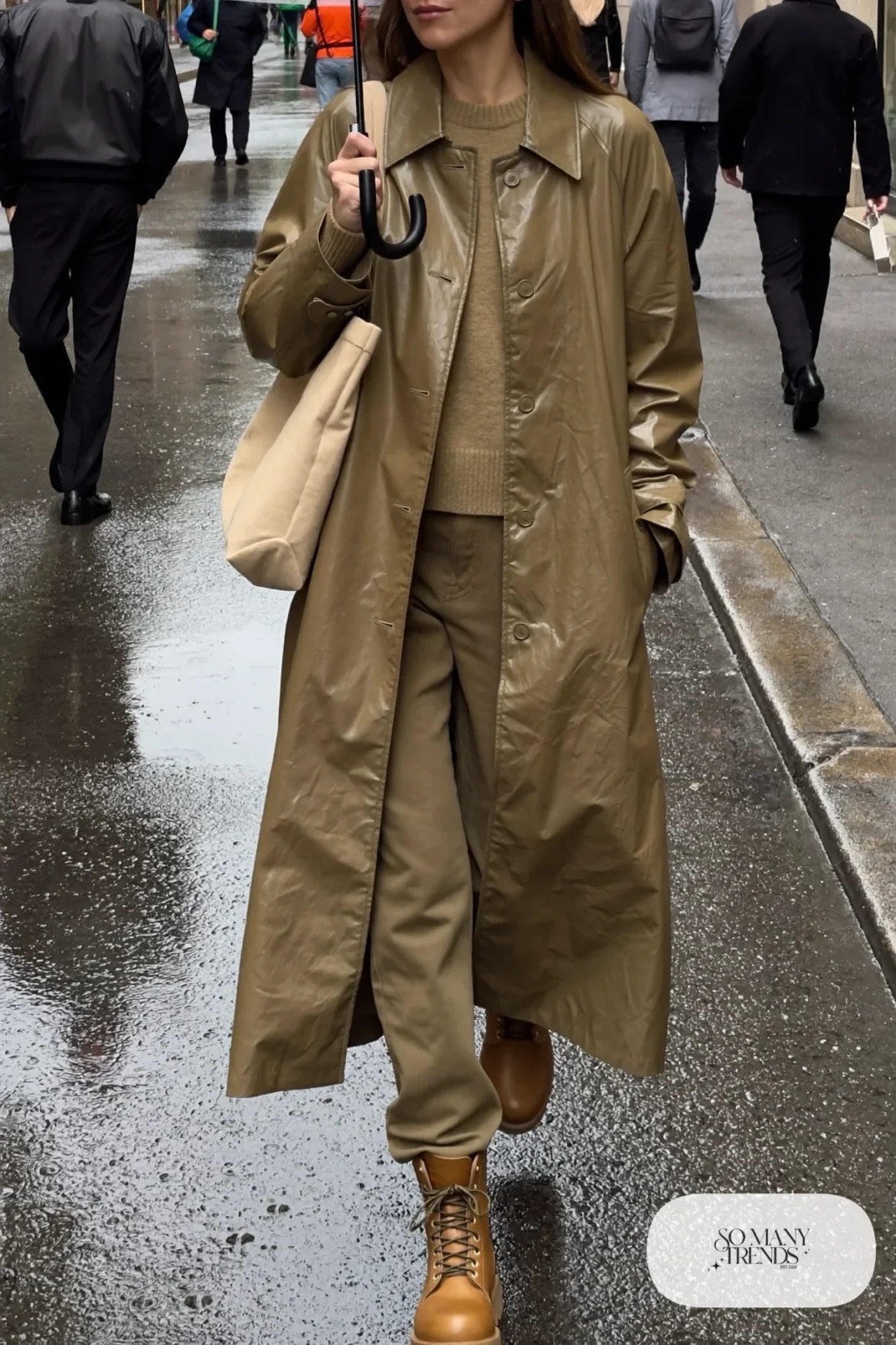 woman in khaki trench coat, knit sweater, straight pants and rain boots outfit 29