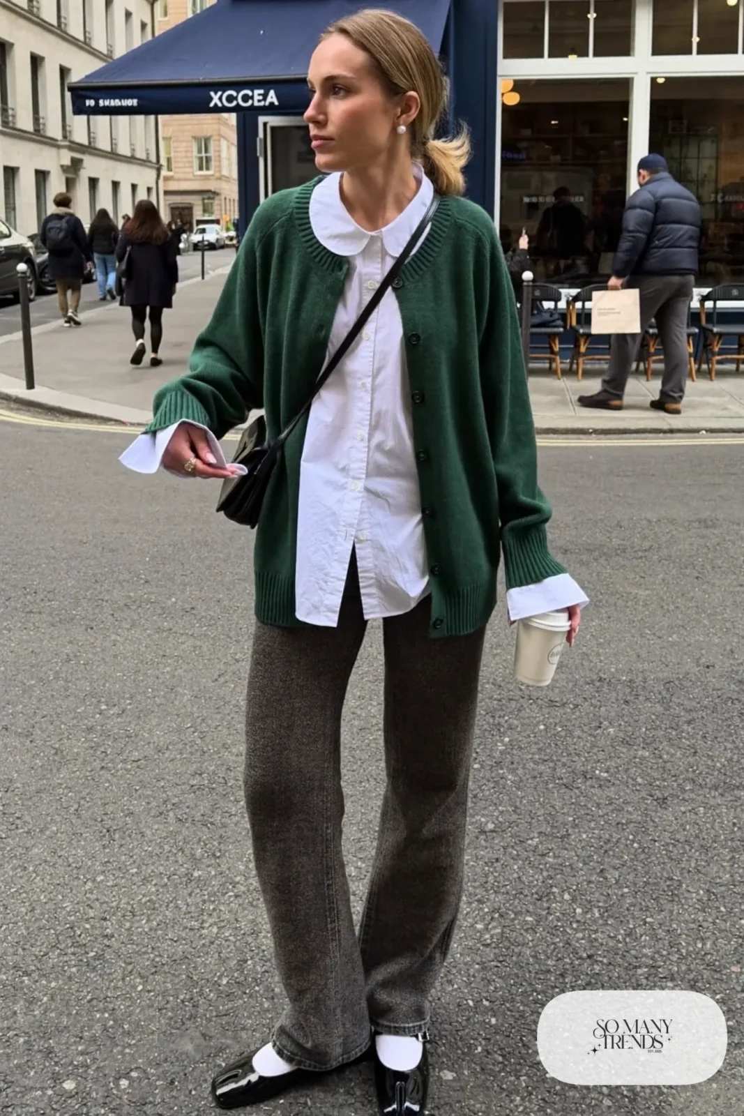 forest green cardigan over white Peter Pan collar blouse, gray flannel pants, black mary janes, small bag outfit 2