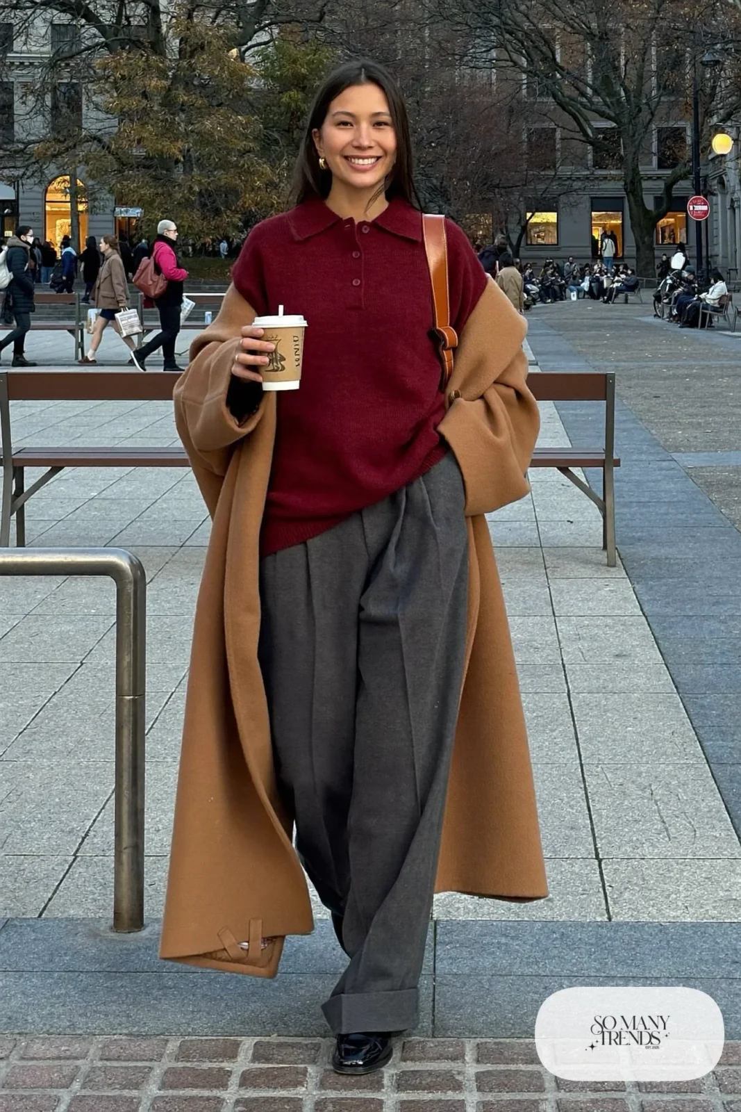 burgundy knit polo sweater, charcoal pleated wide-leg pants, black loafers, long camel coat outfit 3