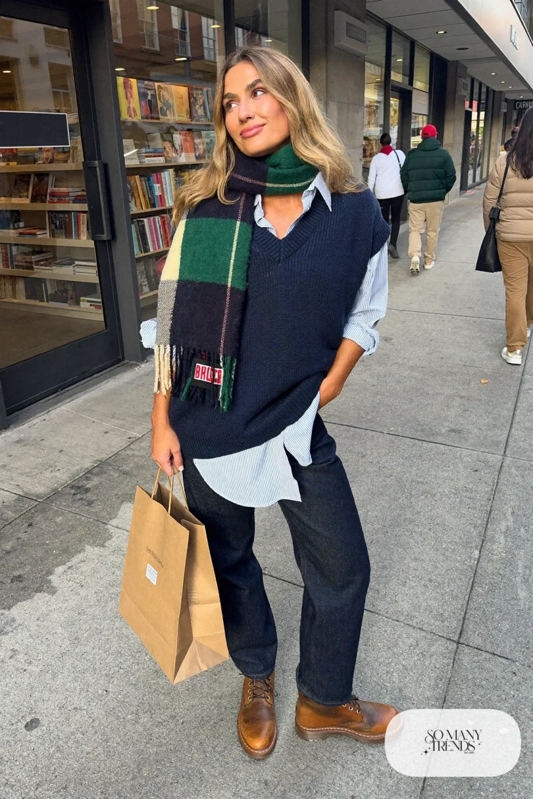 navy knit sweater vest over blue striped oxford shirt, dark straight jeans, brown boots, scarf outfit 4
