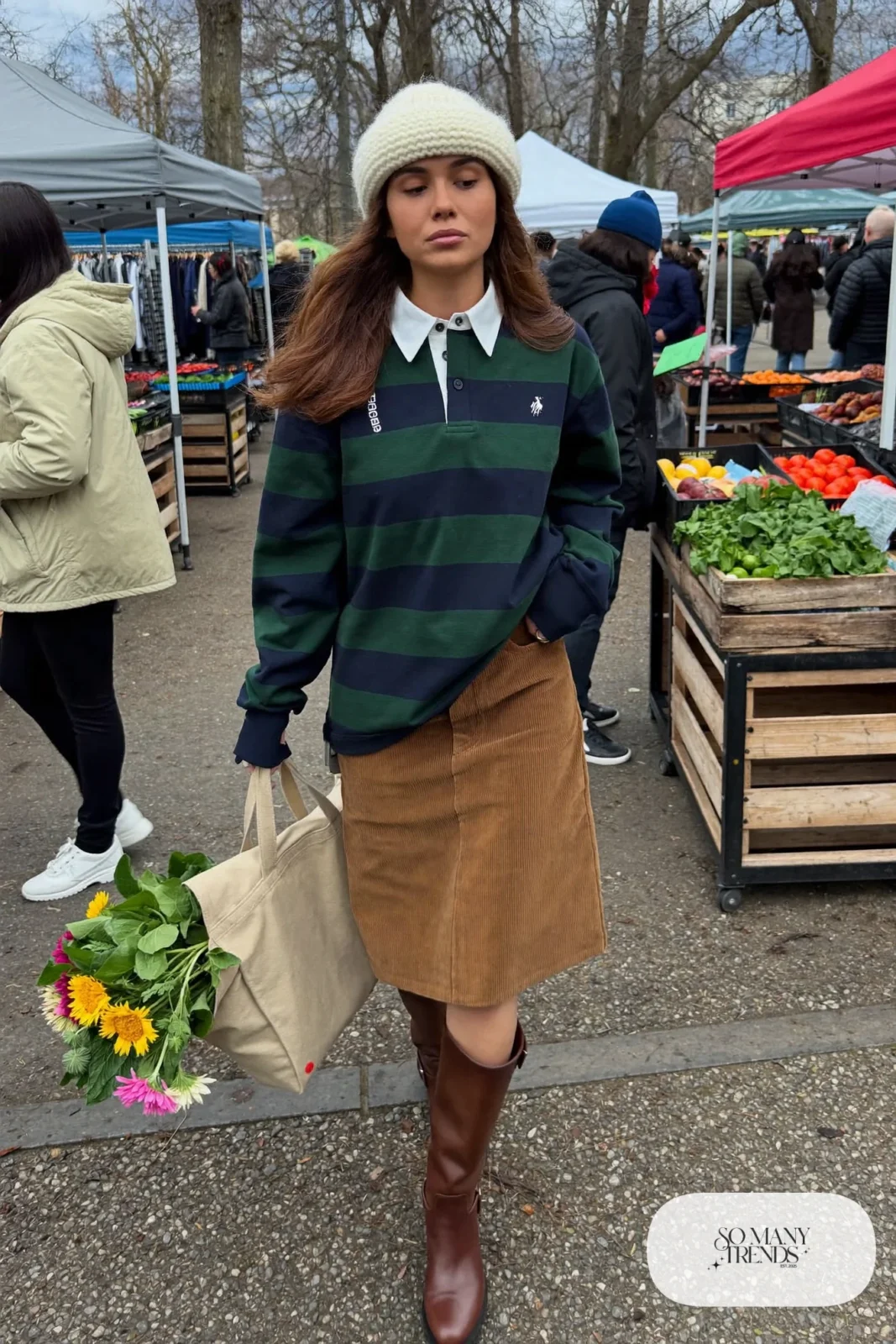 green and navy striped rugby shirt, brown corduroy midi skirt, tall brown boots, beanie outfit 6