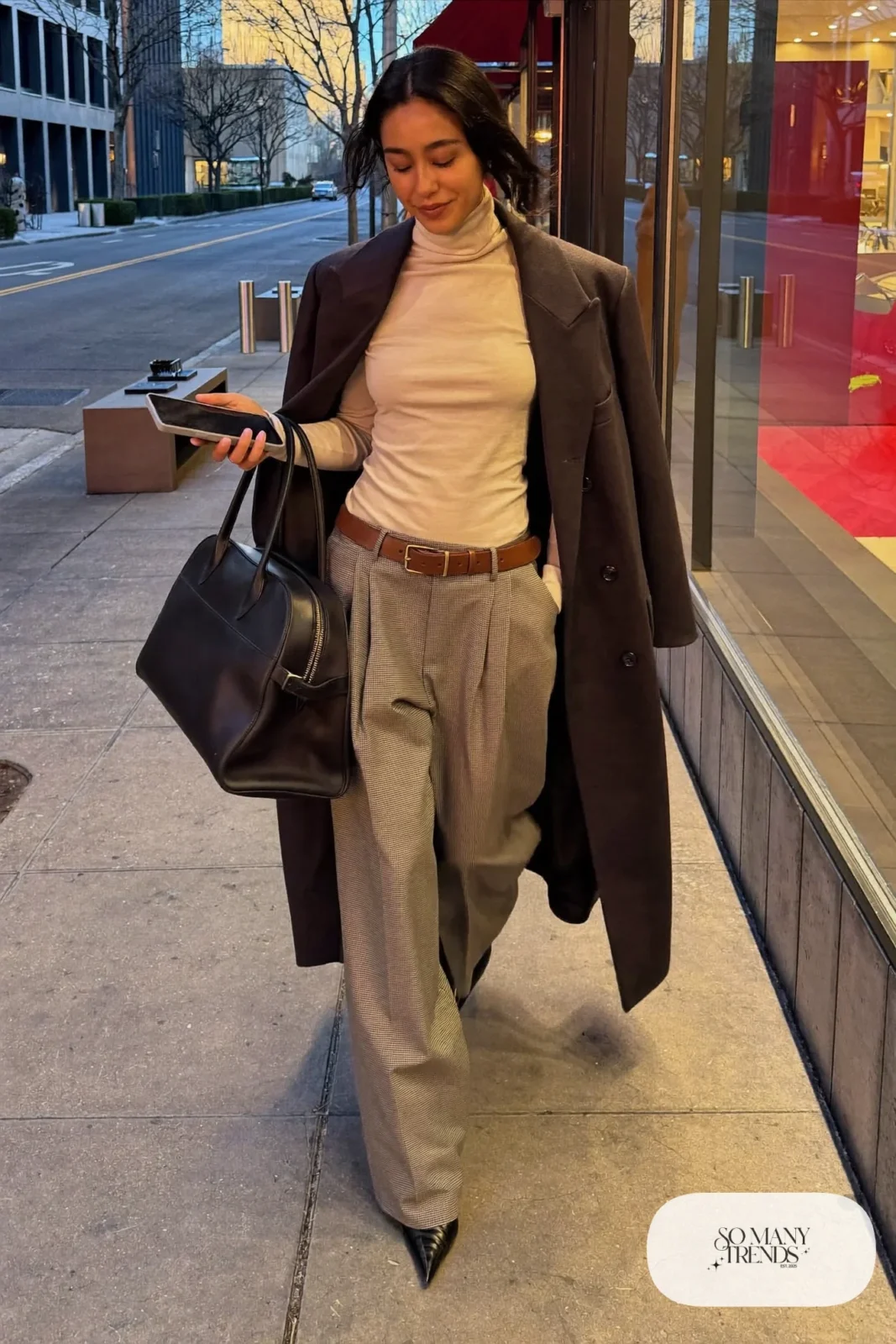 cream turtleneck, gray plaid wide-leg pants, camel belt, black ankle boots, wool coat outfit 8