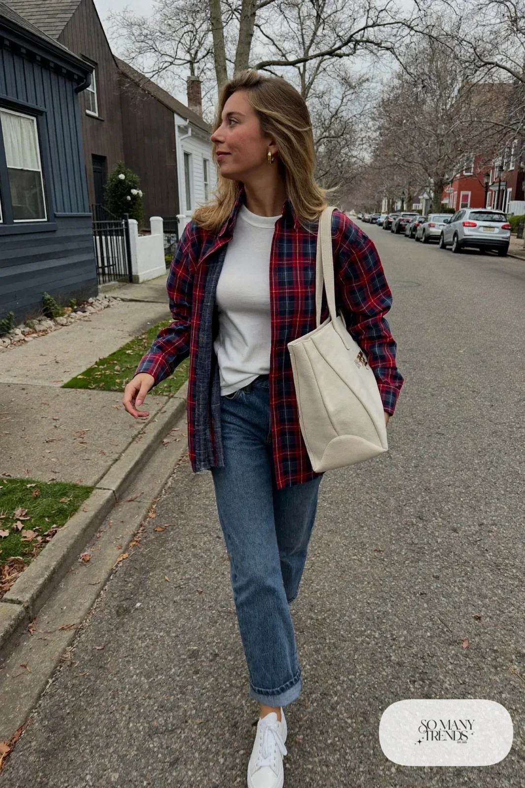 burgundy and navy plaid shirt jacket, white tee, straight jeans, white sneakers, tote bag outfit 10