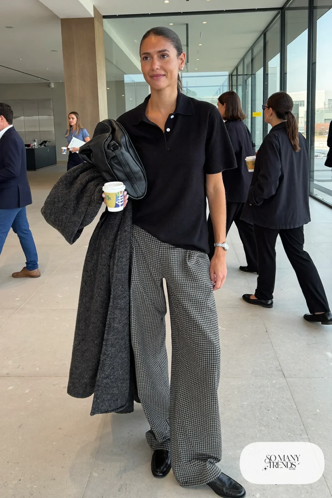 black collared knit top, gray houndstooth wide-leg pants, black loafers, structured bag outfit 11