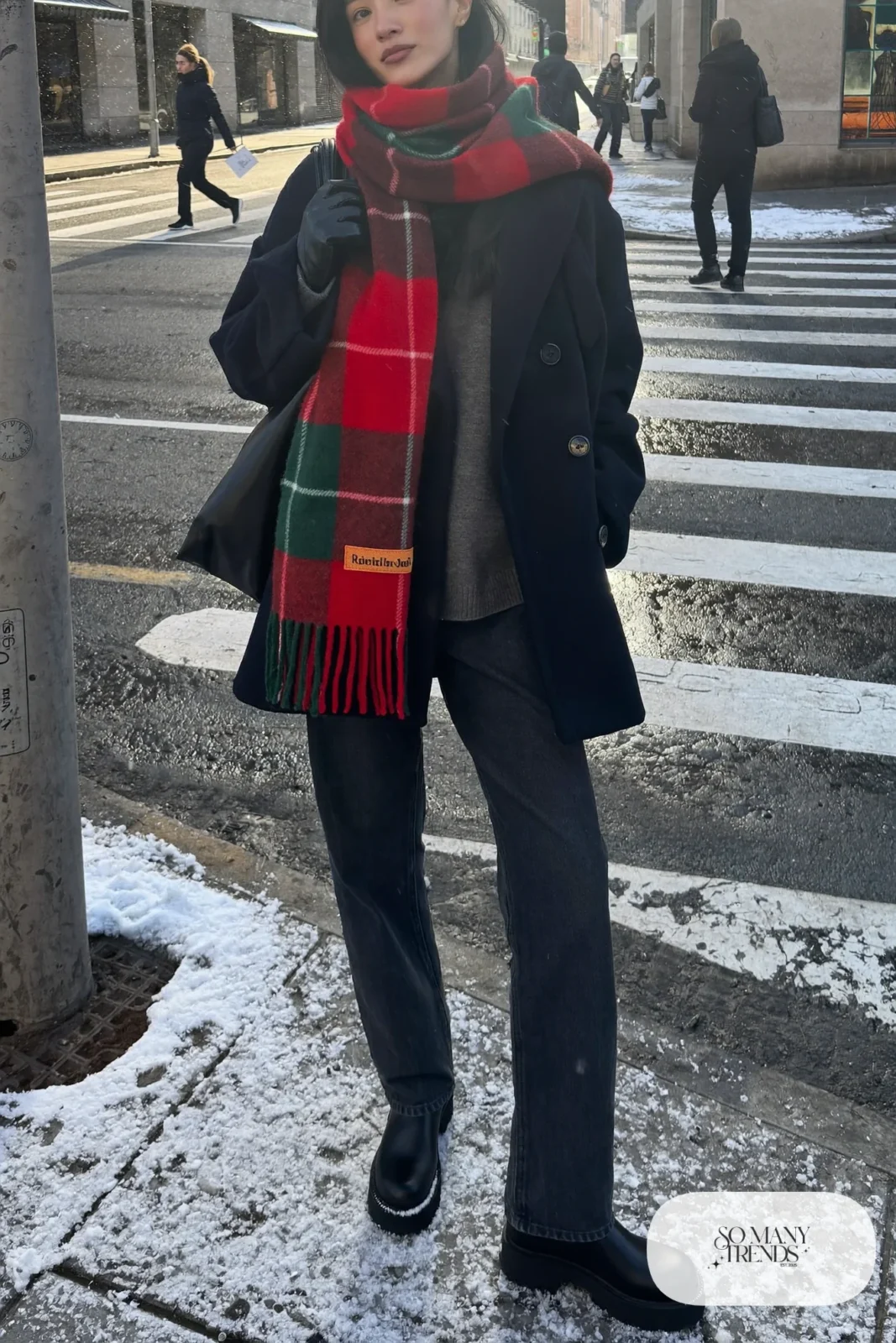 navy peacoat, red and green plaid blanket scarf, gray sweater, dark jeans, black boots outfit 12