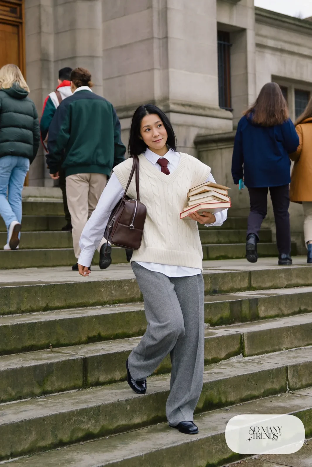 burgundy knit tie, white oxford shirt, cream sweater vest, gray pants, black loafers outfit 13