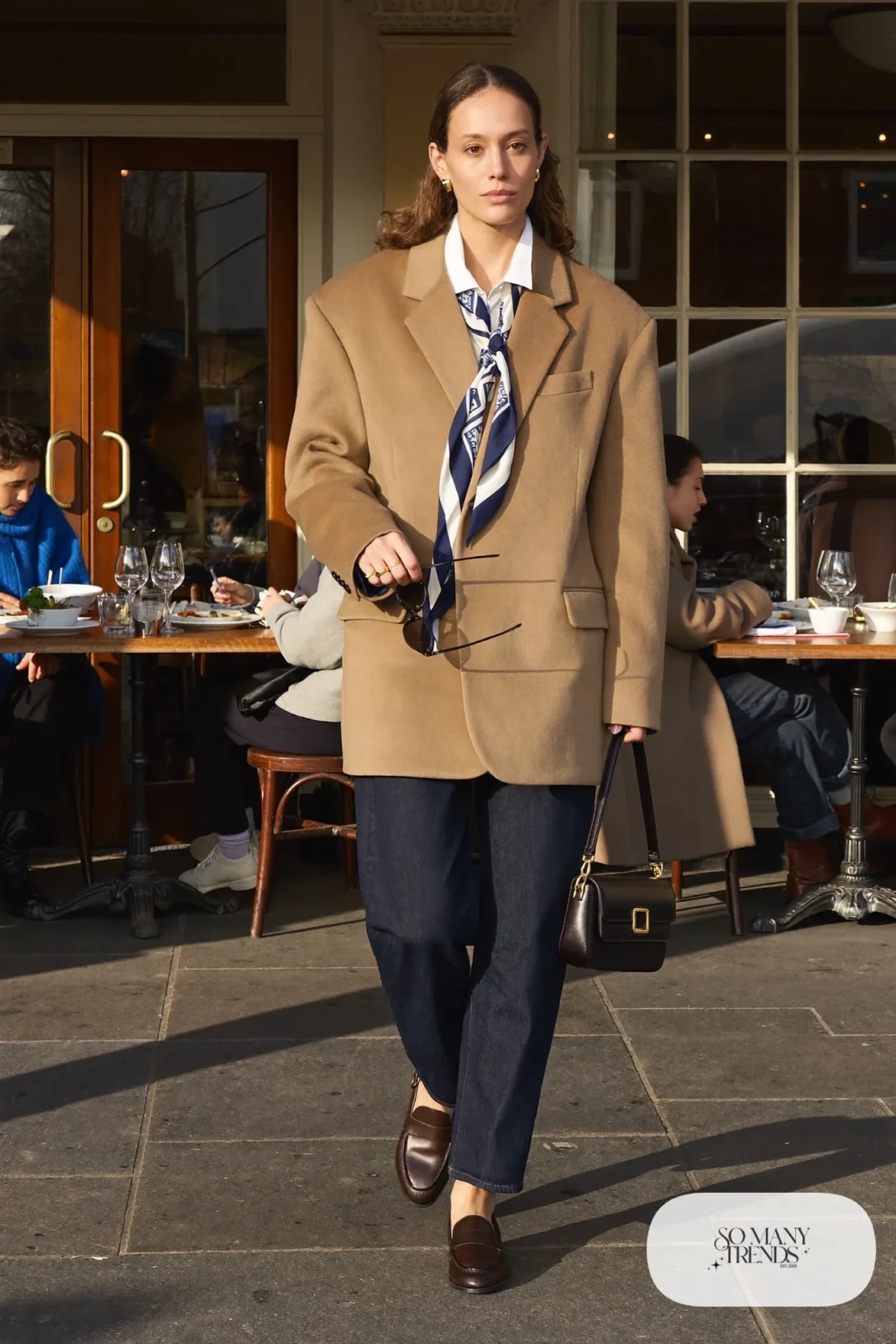 camel oversized blazer, navy silk neck scarf, white shirt, dark jeans, loafers outfit 14