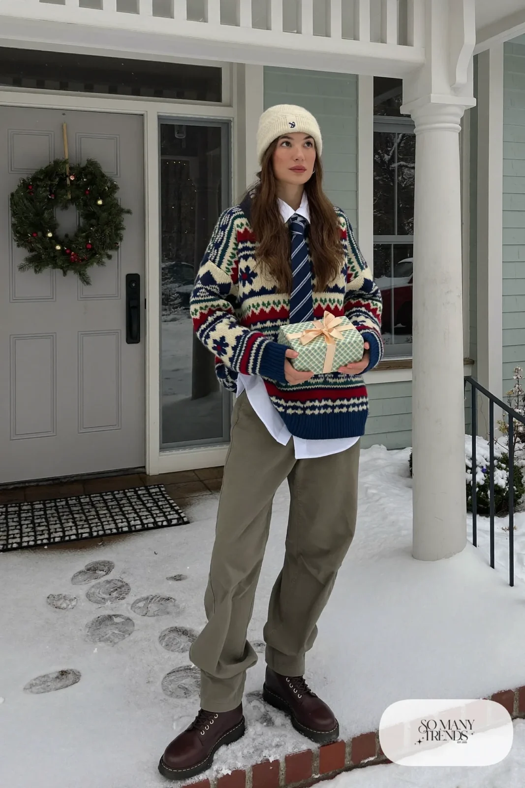 navy Fair Isle sweater, white shirt with striped tie, olive straight pants, brown boots outfit 15