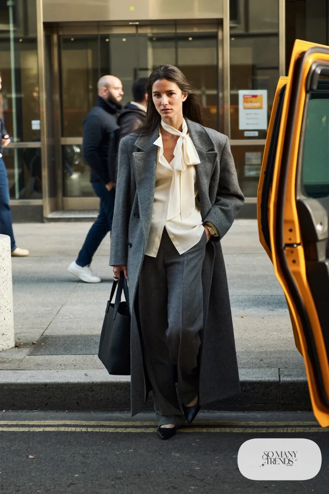 cream bow collar blouse, charcoal tailored pants, black pointed flats, wool coat, bag outfit 16