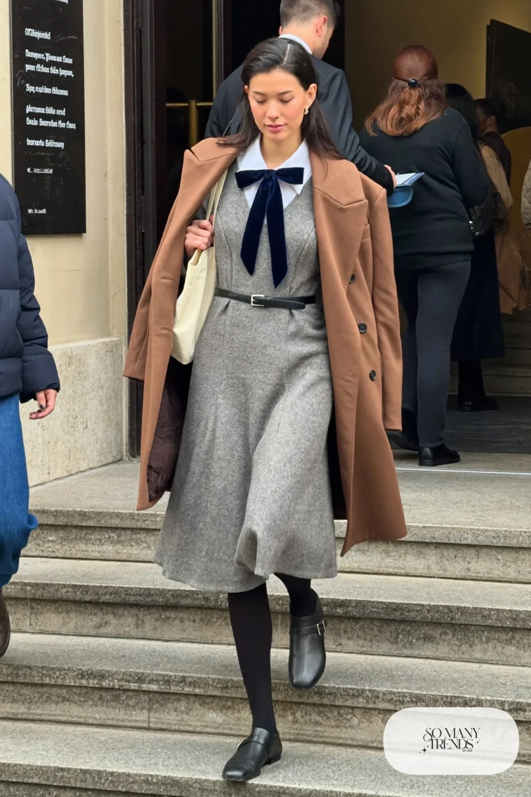 white collared shirt with navy velvet ribbon, gray wool pinafore dress, black tights, black flat boots outfit 18