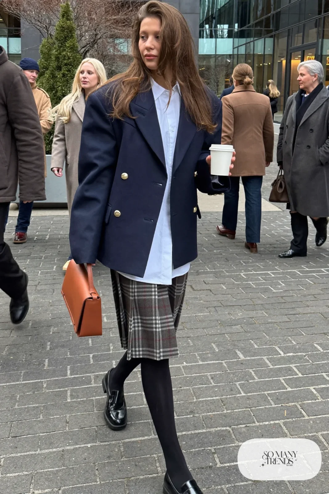 navy double-breasted blazer, white shirt, gray plaid midi skirt, black loafers, leather bag outfit 19
