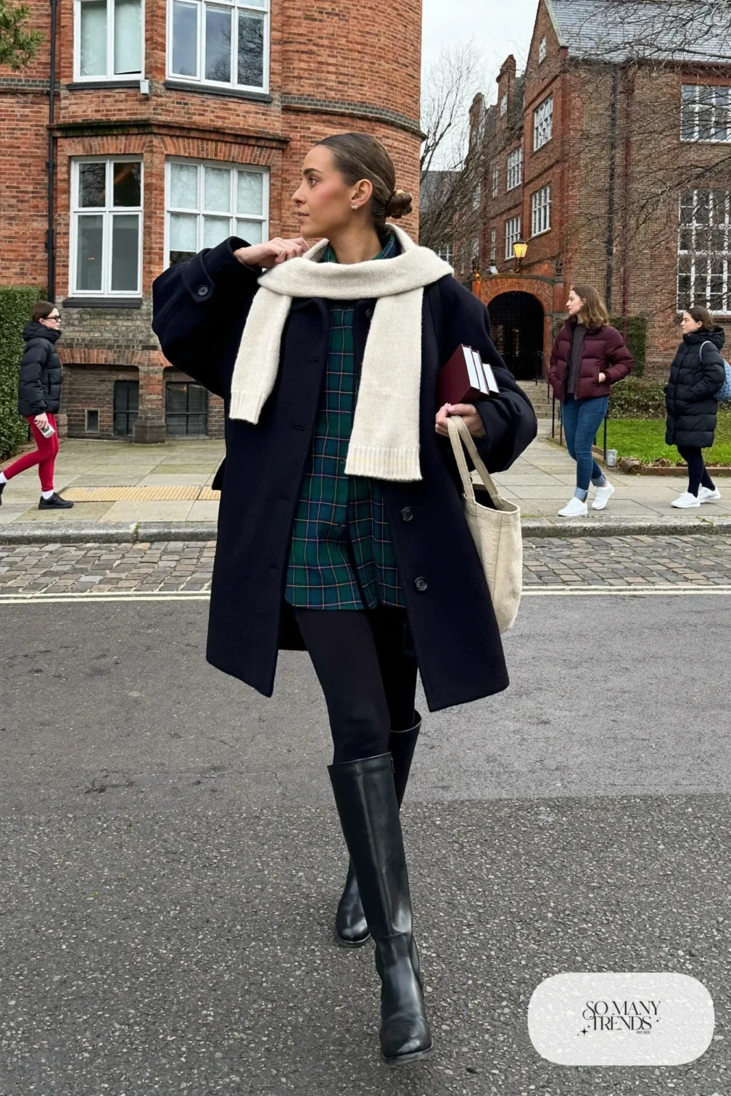 navy duffle coat, green plaid shirtdress, black tall boots, scarf outfit 22