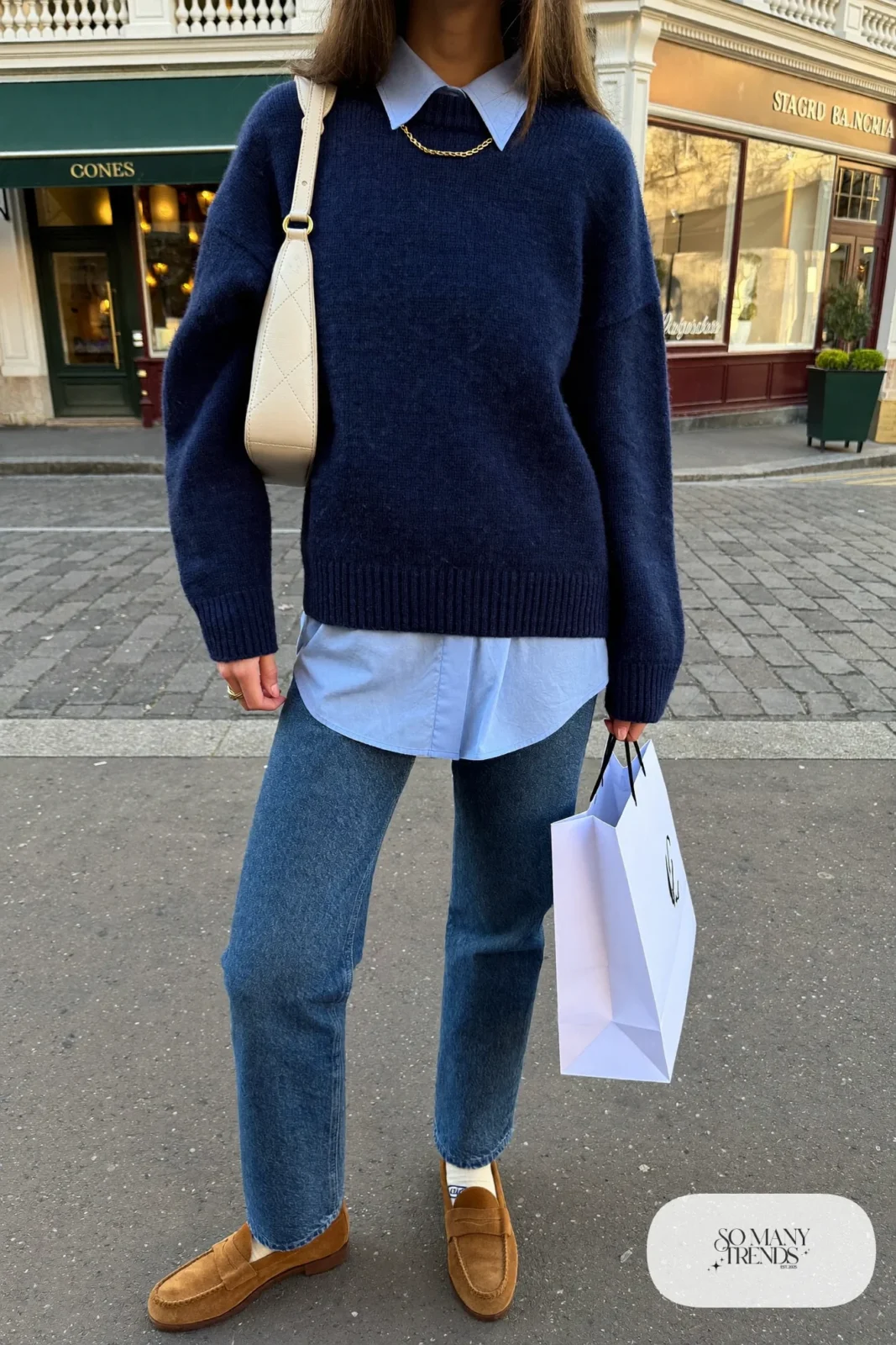navy cashmere sweater, pale blue shirt tails, straight mid-wash jeans, tan suede loafers, bag outfit 27