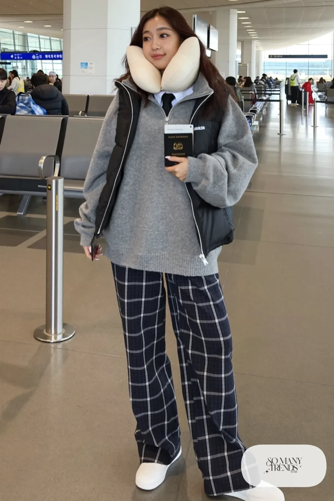 gray quarter-zip pullover, white collar shirt, navy plaid wide-leg pants, white sneakers, backpack outfit 28