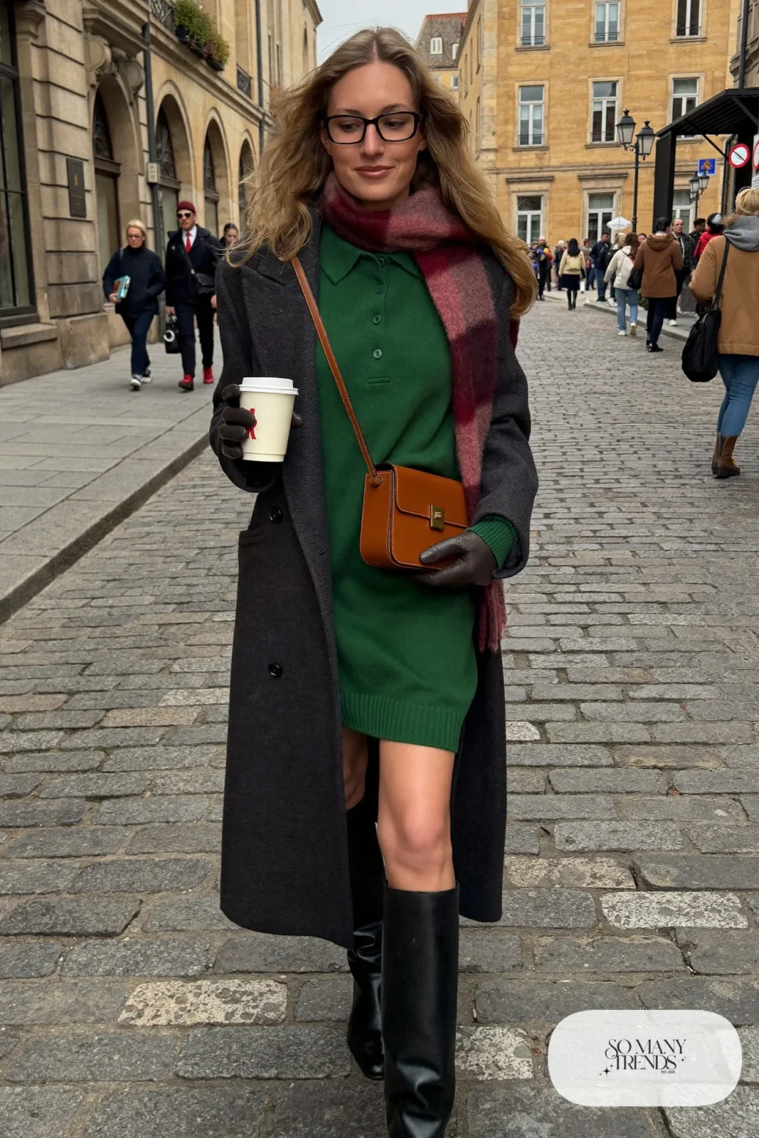 forest green knit polo dress, red plaid scarf, tall black boots, long wool coat, leather bag outfit 29