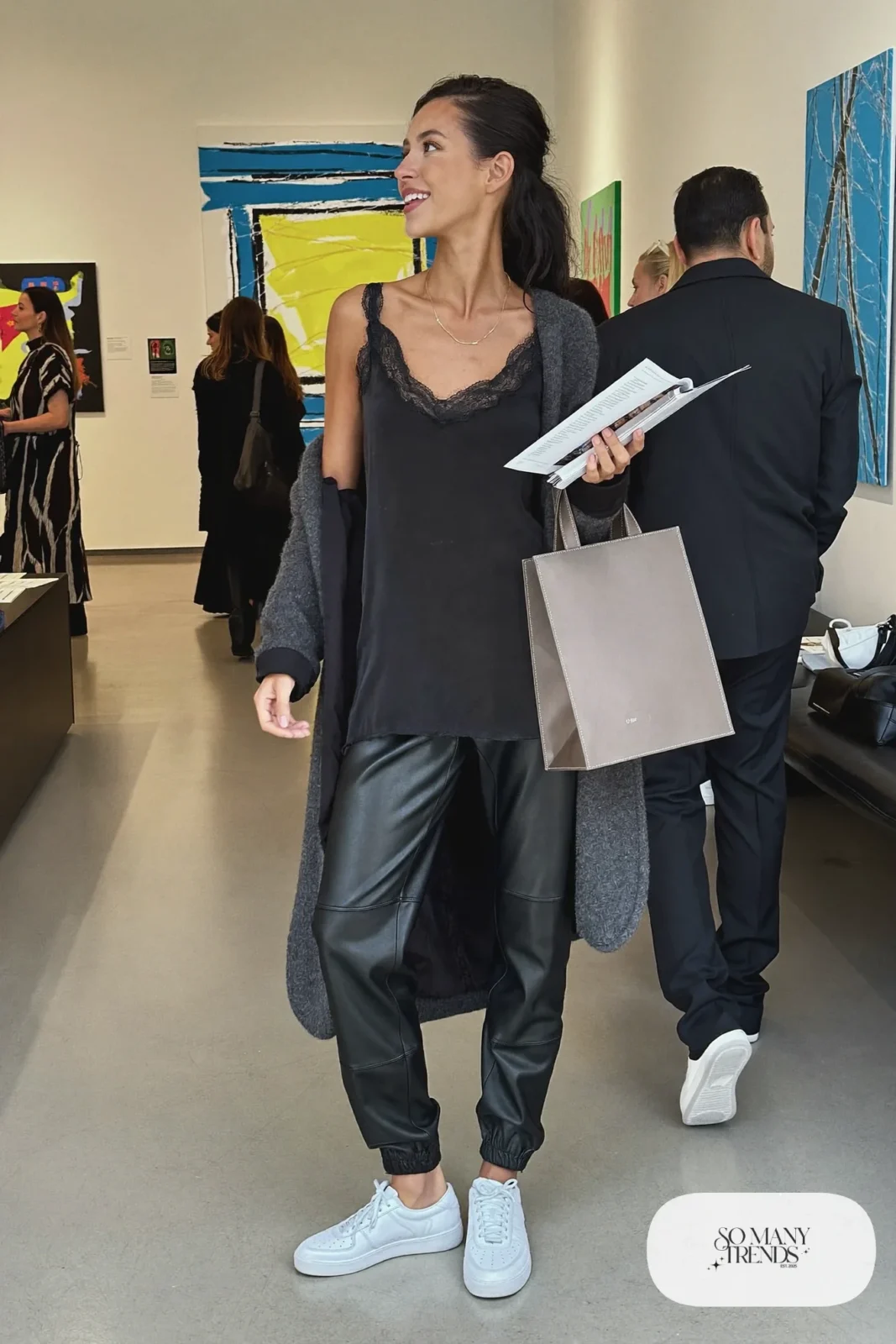 black lace trim camisole black faux leather joggers oversized gray knit blazer white leather sneakers gold necklace outfit 7