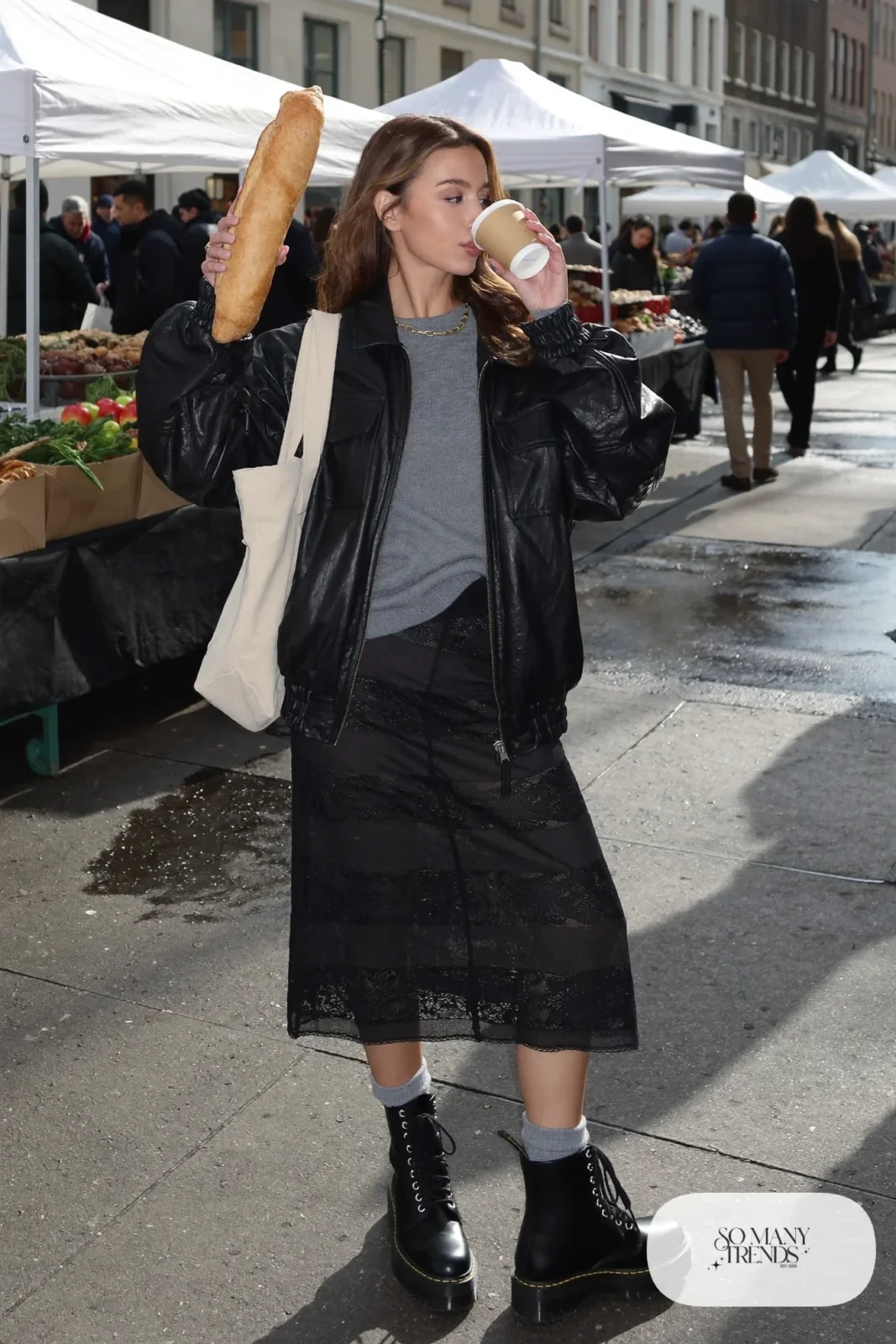 black lace midi skirt black leather bomber jacket gray fine knit sweater chunky black boots wool socks tote bag outfit 10