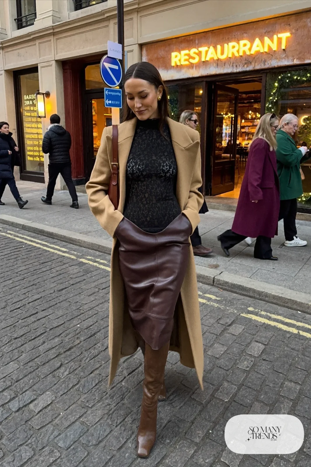 chocolate brown faux leather midi skirt lace overlay turtleneck knee high brown boots camel coat gold earrings outfit 11