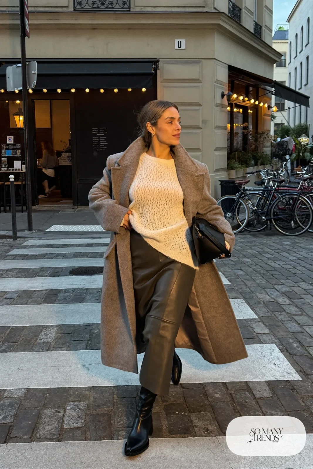 dark olive faux leather slip midi skirt ivory lace knit sweater long gray wool coat low heel black boots black bag outfit 14