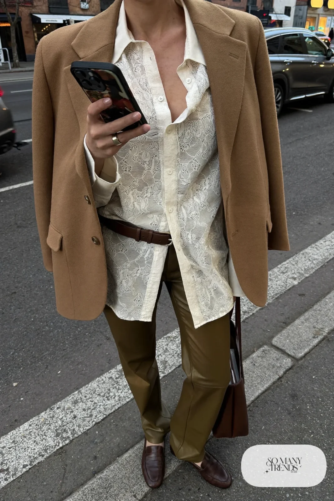 olive green faux leather straight pants ivory lace front shirt brown leather belt camel blazer brown loafers outfit 18