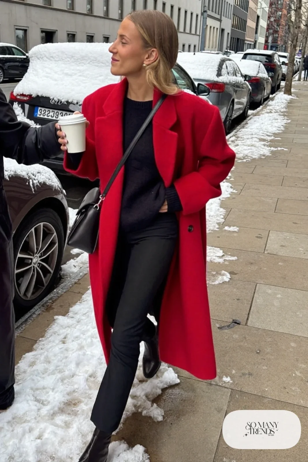 cherry red long wool coat black knit sweater black straight pants black ankle boots black crossbody bag outfit 4
