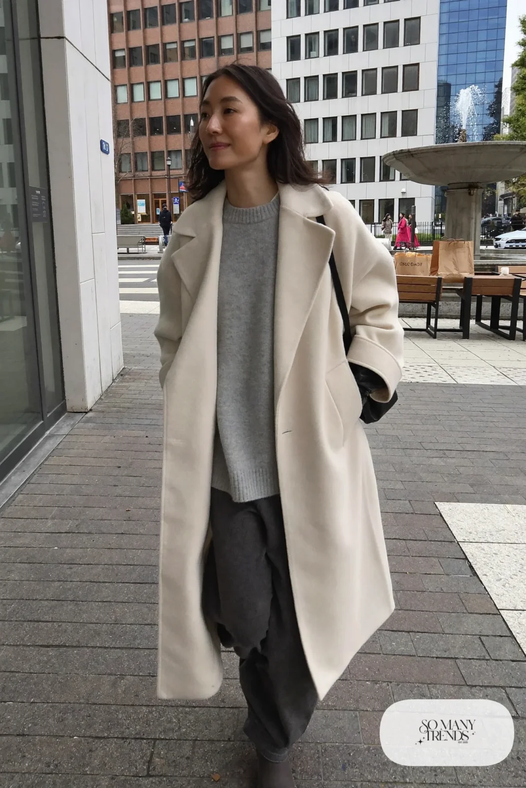 ivory oversized long coat light gray sweater charcoal wide-leg pants gray suede boots leather gloves outfit 6