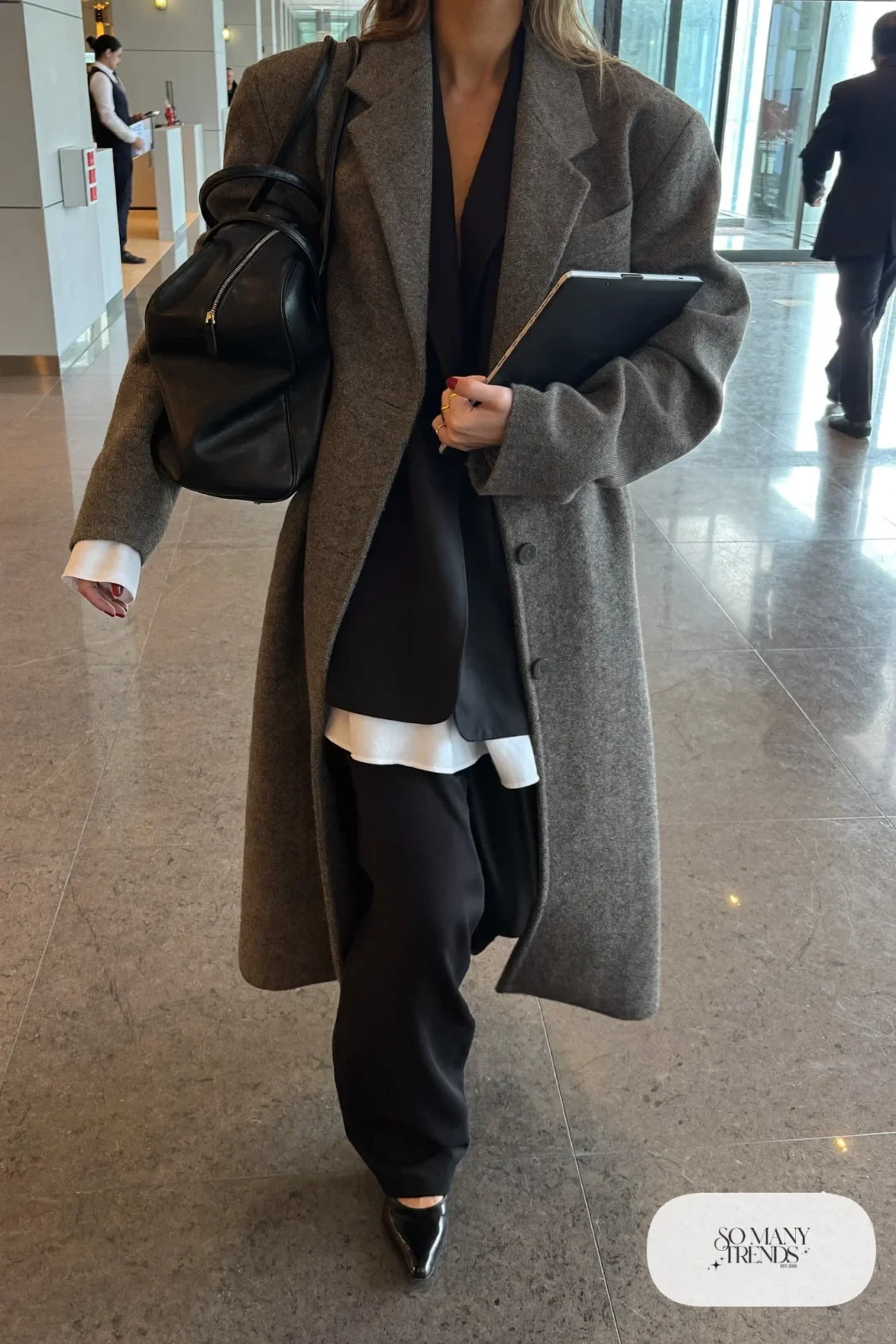 gray long wool coat black blazer matching black wide-leg pants white shirt pointed black flats leather bag outfit 7