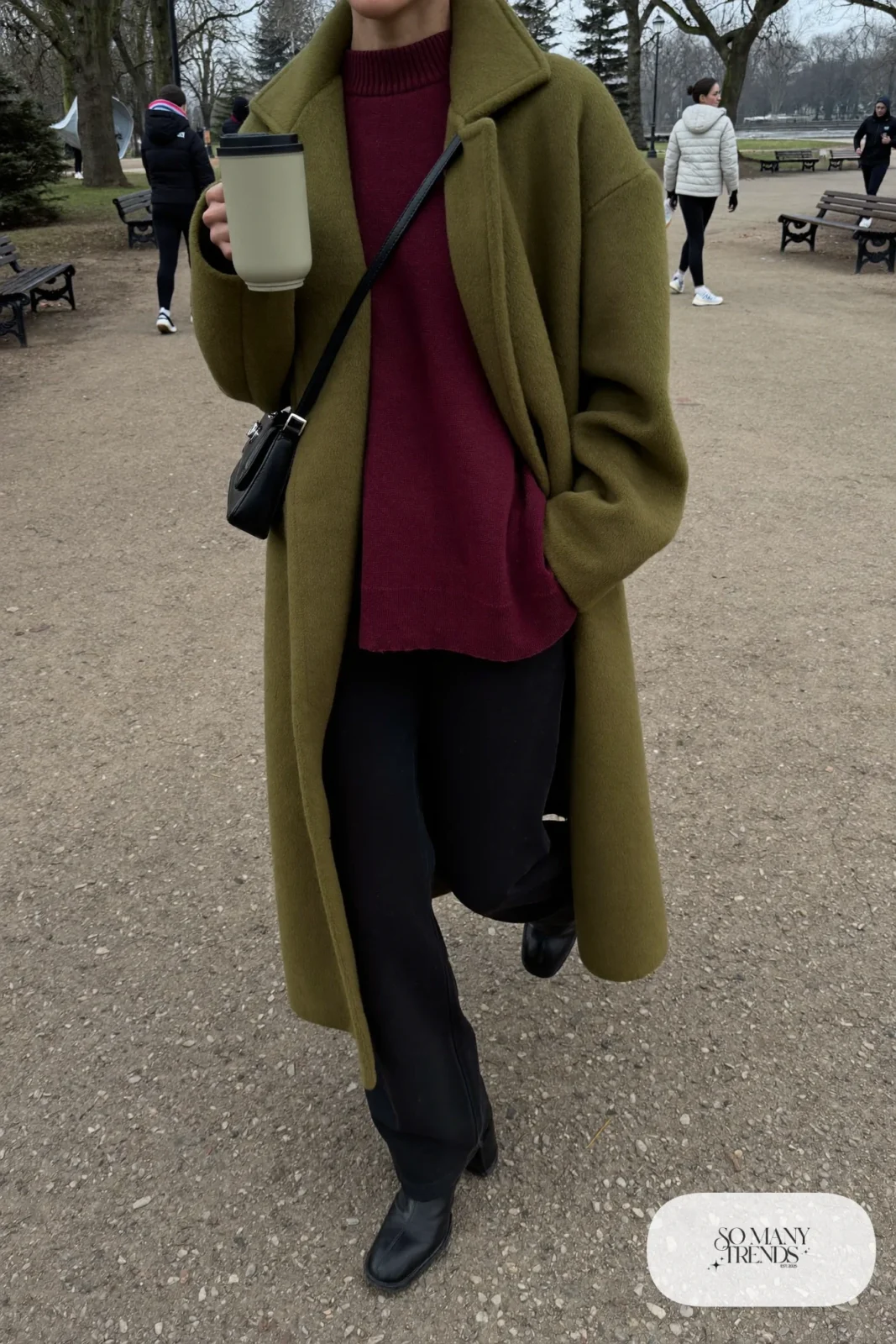 olive green long coat burgundy knit sweater black pants black block heel ankle boots crossbody bag outfit 10