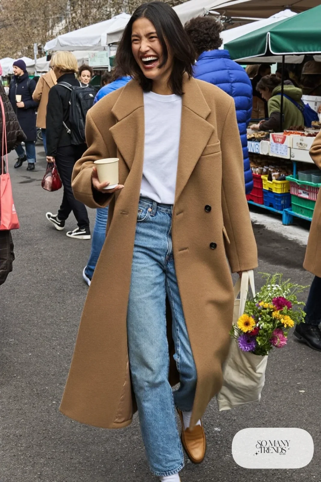 camel oversized long coat white t-shirt light wash straight jeans brown loafers canvas tote outfit 13