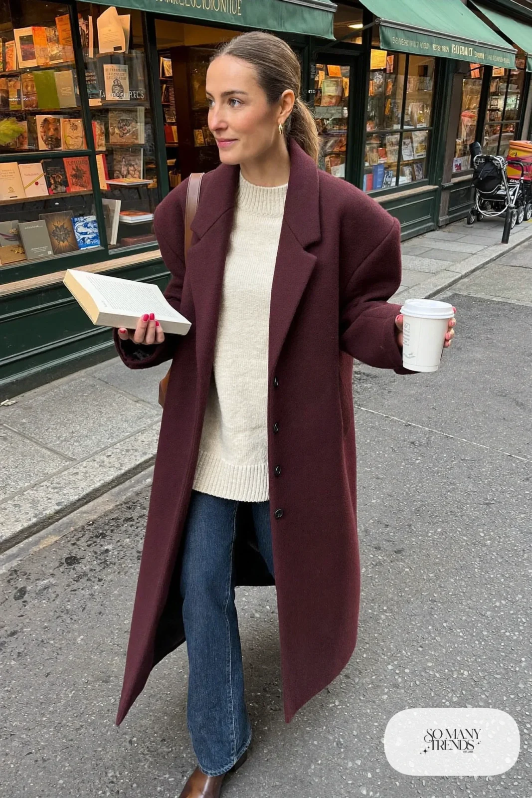 burgundy long wool coat cream knit sweater dark wash straight jeans brown leather boots gold hoops outfit 15