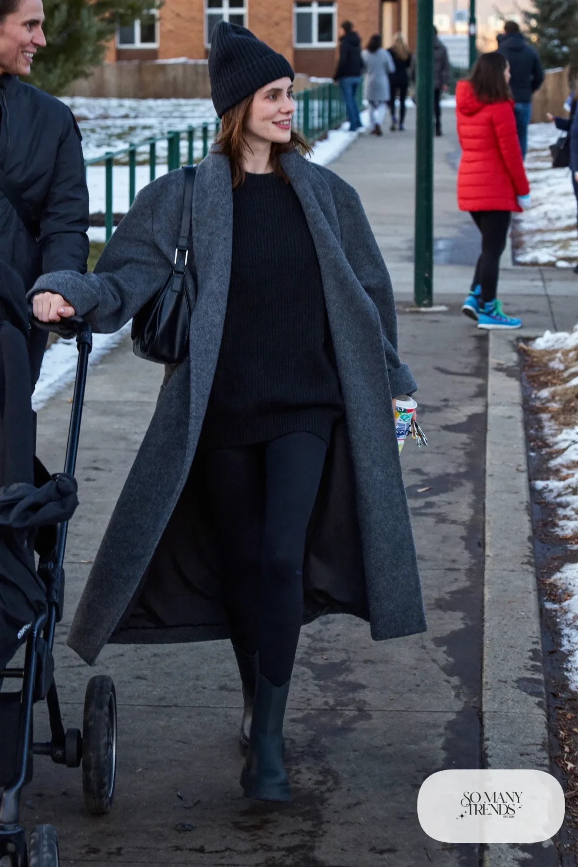 gray long wool coat black long sweater black leggings black lug sole boots black beanie outfit 16