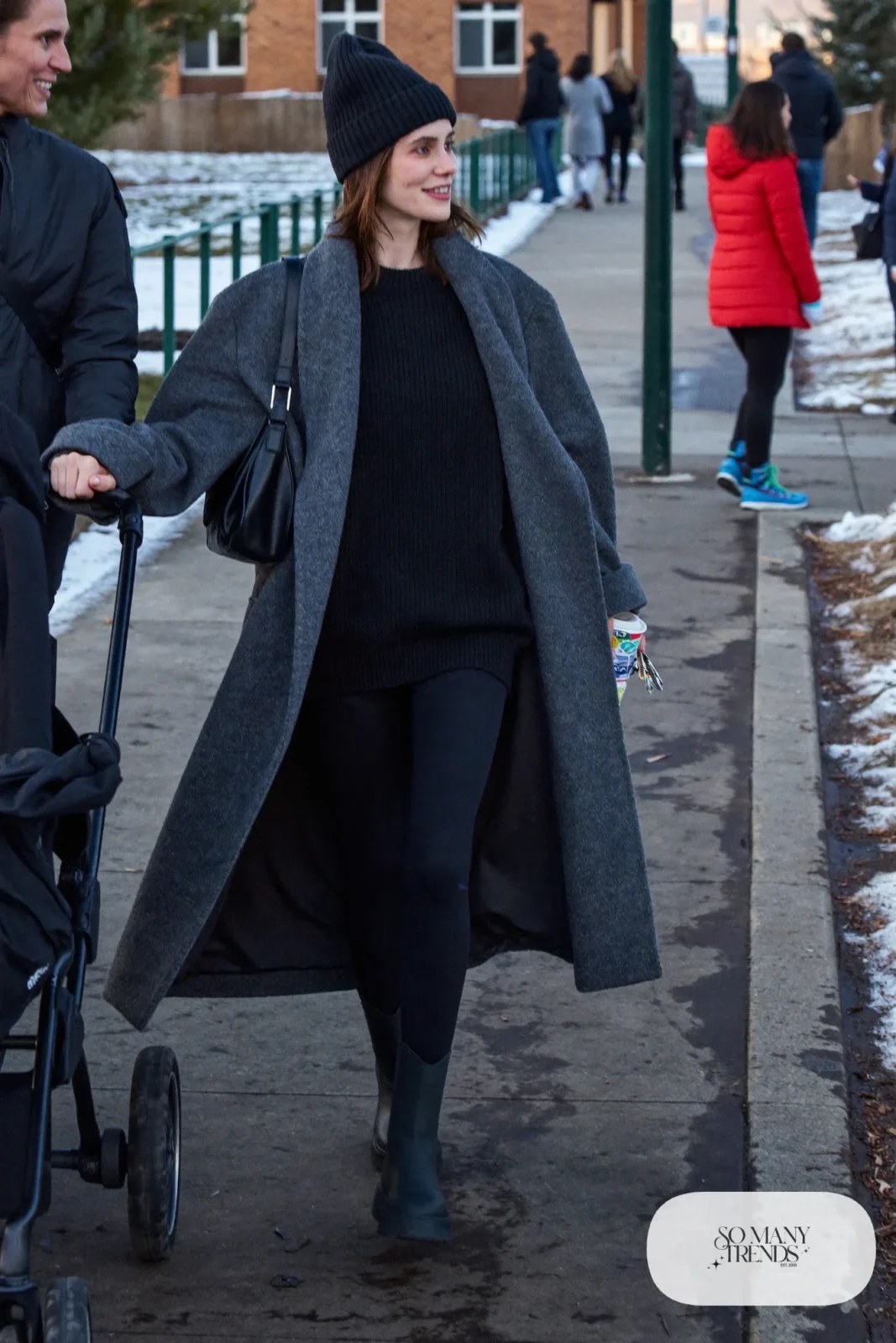 gray long wool coat black long sweater black leggings black lug sole boots black beanie outfit 16