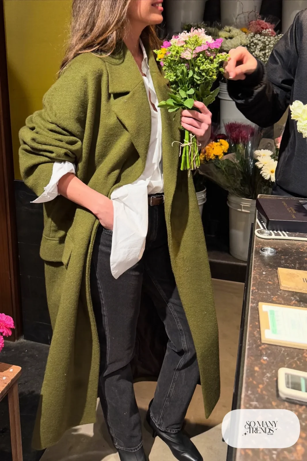 olive long wool coat white poplin shirt black straight jeans black ankle boots leather belt outfit 17