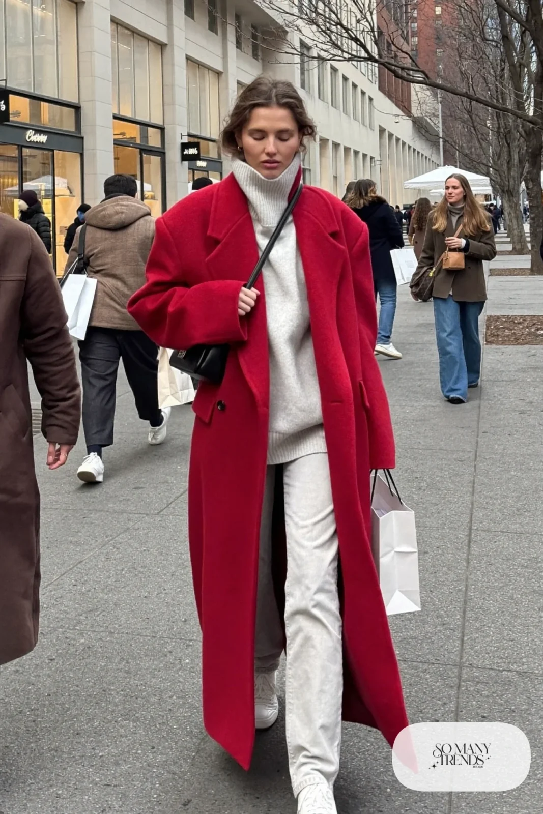 cherry red long coat light gray turtleneck light gray straight jeans white sneakers black bag outfit 18