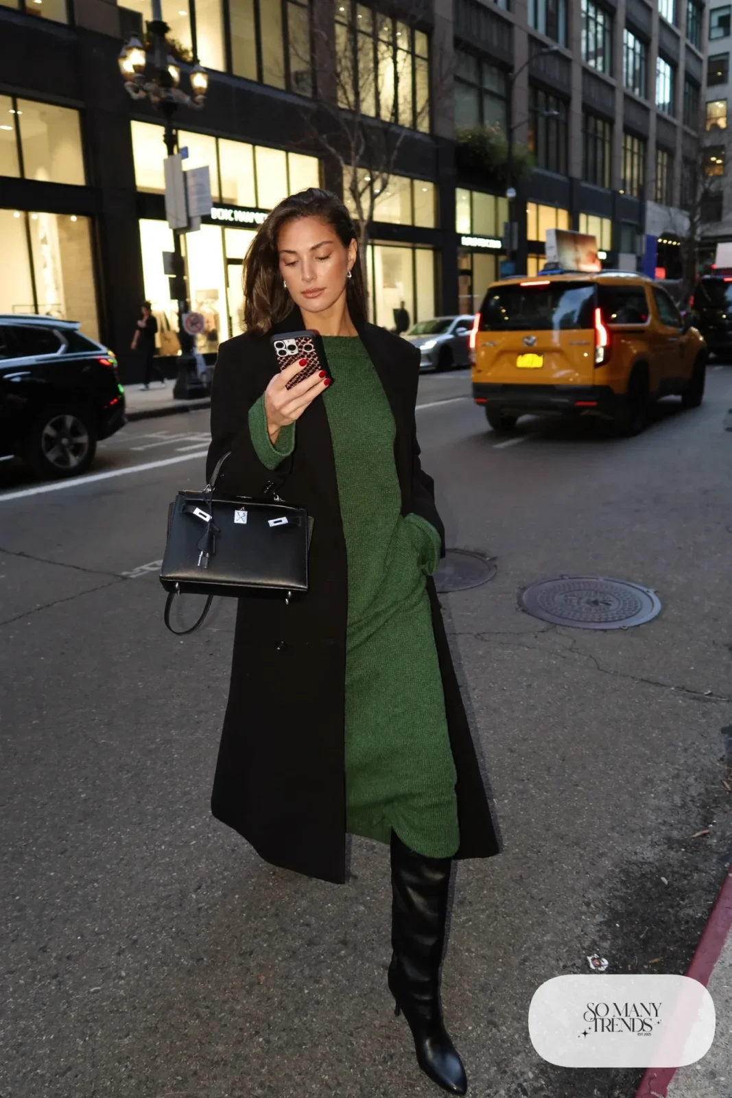black long wool coat forest green sweater dress midi black tall boots structured black bag outfit 21