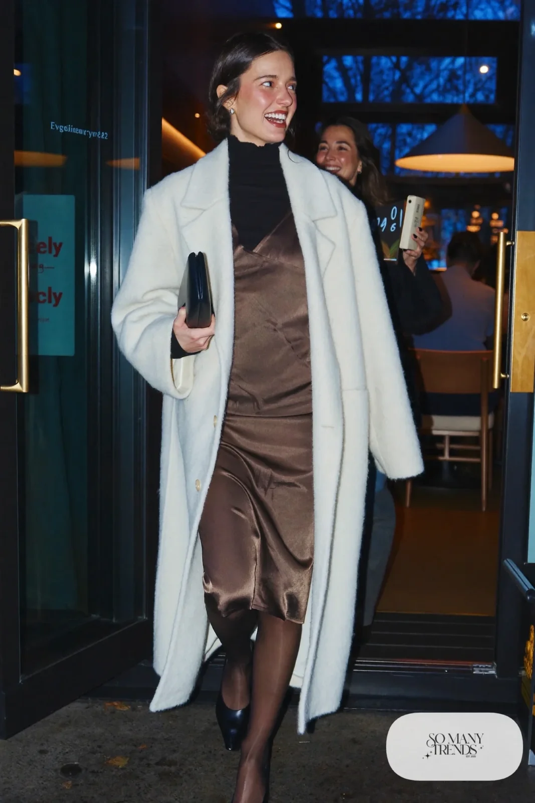 ivory long coat chocolate slip dress black turtleneck underneath sheer black tights black slingback pumps clutch outfit 22